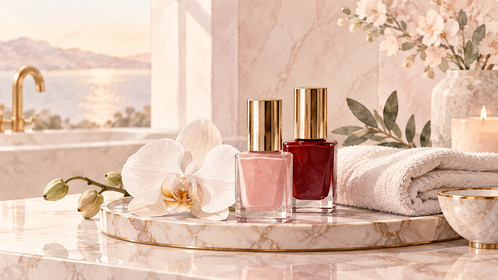 Illustration of nail polish bottles in blush and deep red beside an orchid and folded linen on a marble tray