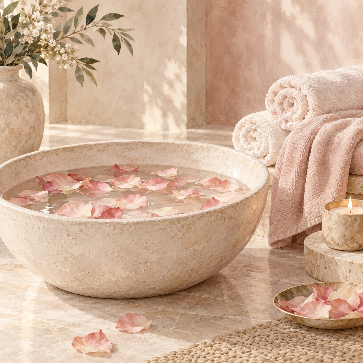 Illustration of a ceramic spa foot basin with floating rose petals, rolled towels and a candle